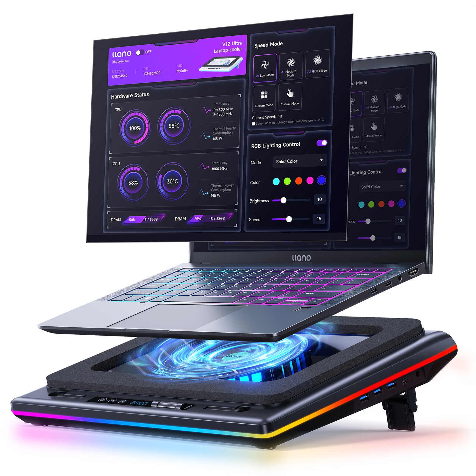 llano V12 Ultra Laptop Cooling Pad with Intelligent Software Control, RGB Gaming Laptop Fan Cooler Stand, 5.5" Turbo Fan, Adjustable Speed, 3*USB 3.0 Ports, Ergonomic Design, for 15.6"-21" Laptops