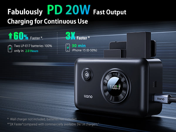llano 2-in-1 LP-E17 Dual Fast Battery Charger with 12400mAh Built-in PD 20W USB C Power Bank, Compatible with Canon EOS R100 R50 RP R10 R8, Rebel T8i, T7i, T6i, T6s, SL2, SL3, EOS M3, M5, M6, 250D