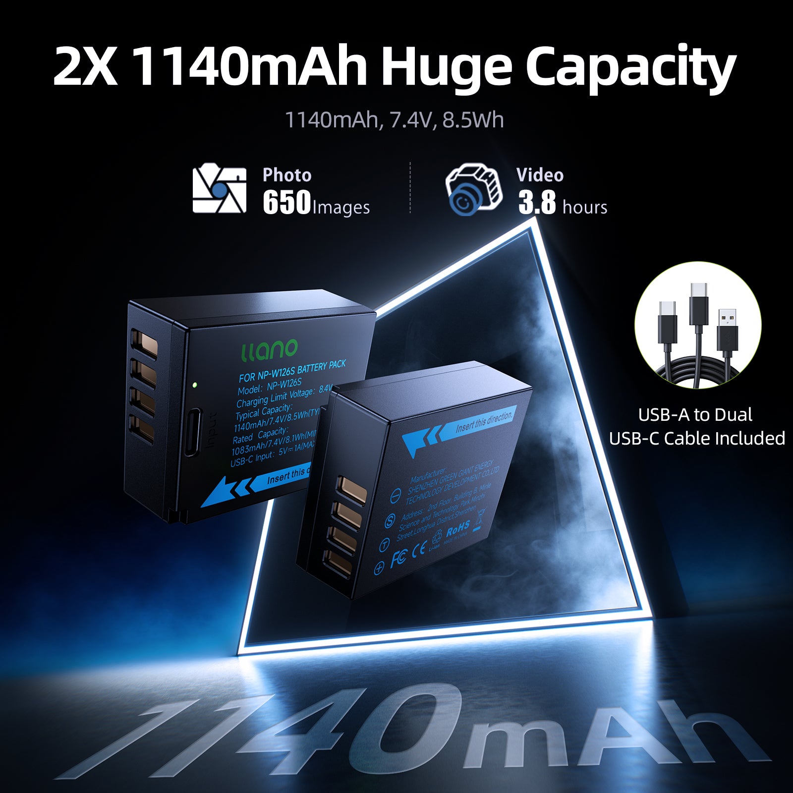 llano 2 Pack USB-C NP-W126S Battery, Fully decoded for Fujifilm XM5 X100VI X100V XS10 XT30II XT30 XT20 XE4 A5 Cameras, 1140mAh Capacity, Fast Rechargeable