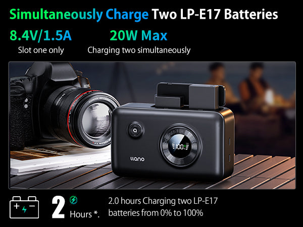 llano 2-in-1 LP-E17 Dual Fast Battery Charger with 12400mAh Built-in PD 20W USB C Power Bank, Compatible with Canon EOS R100 R50 RP R10 R8, Rebel T8i, T7i, T6i, T6s, SL2, SL3, EOS M3, M5, M6, 250D