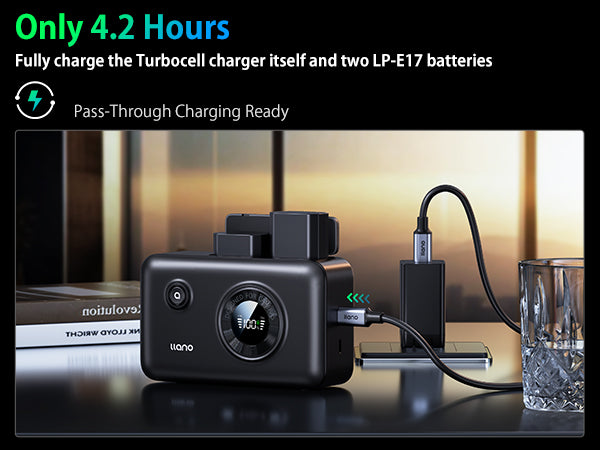 llano 2-in-1 LP-E17 Dual Fast Battery Charger with 12400mAh Built-in PD 20W USB C Power Bank, Compatible with Canon EOS R100 R50 RP R10 R8, Rebel T8i, T7i, T6i, T6s, SL2, SL3, EOS M3, M5, M6, 250D