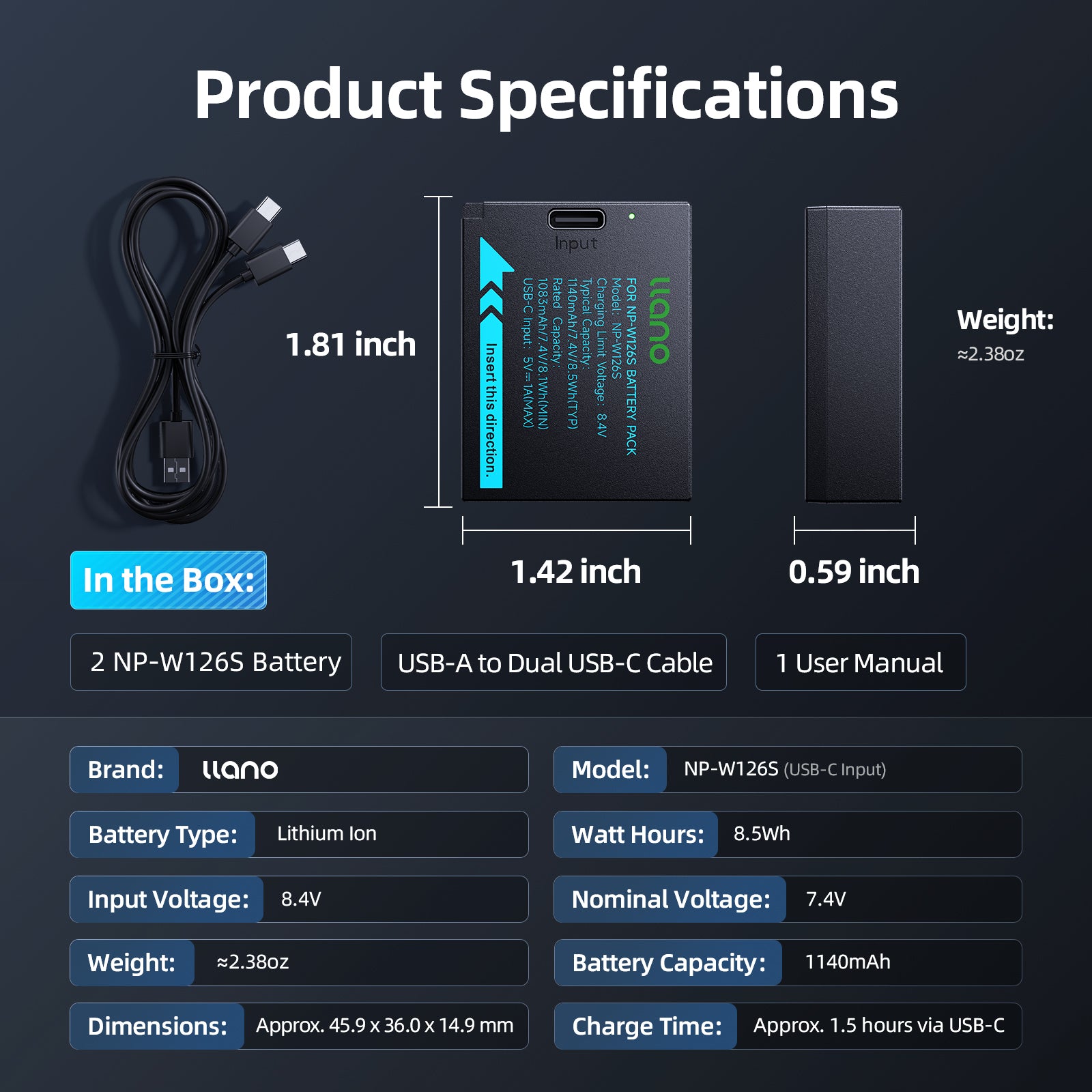 llano 2 Pack USB-C NP-W126S Battery, Fully decoded for Fujifilm XM5 X100VI X100V XS10 XT30II XT30 XT20 XE4 A5 Cameras, 1140mAh Capacity, Fast Rechargeable