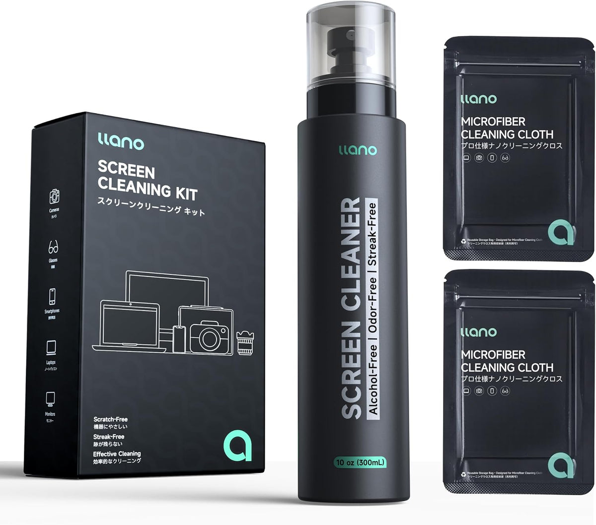 llano Screen & Lens Cleaner Spray, 10 oz (300ml) with 2 Cleaning Cloths