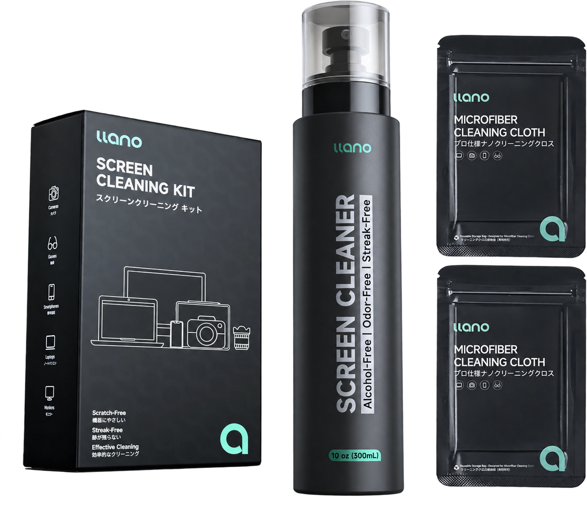 llano Screen & Lens Cleaner Spray, 10 oz (300ml) with 2 Cleaning Cloths