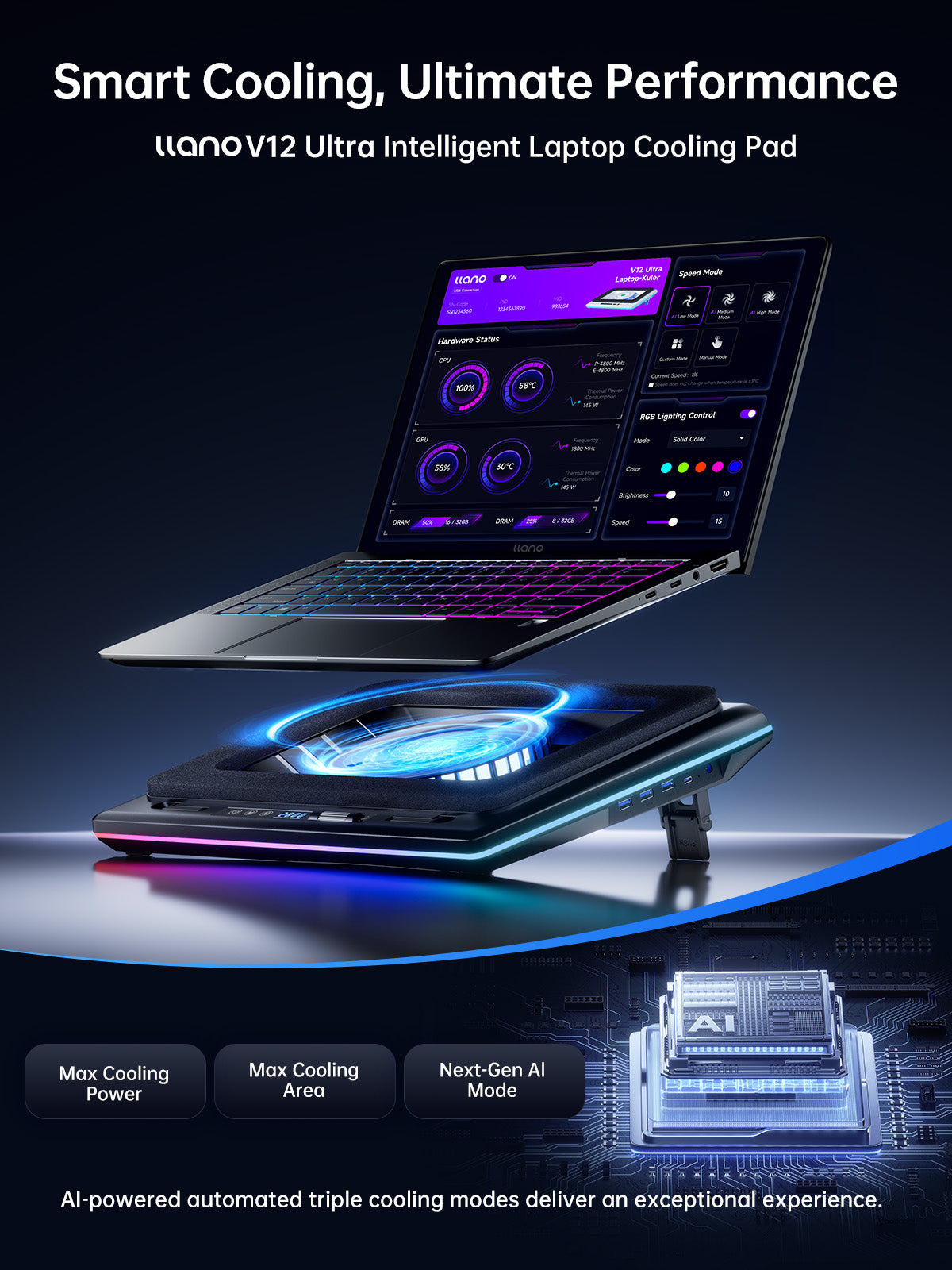 llano V12 Ultra RGB Laptop Cooling Pad