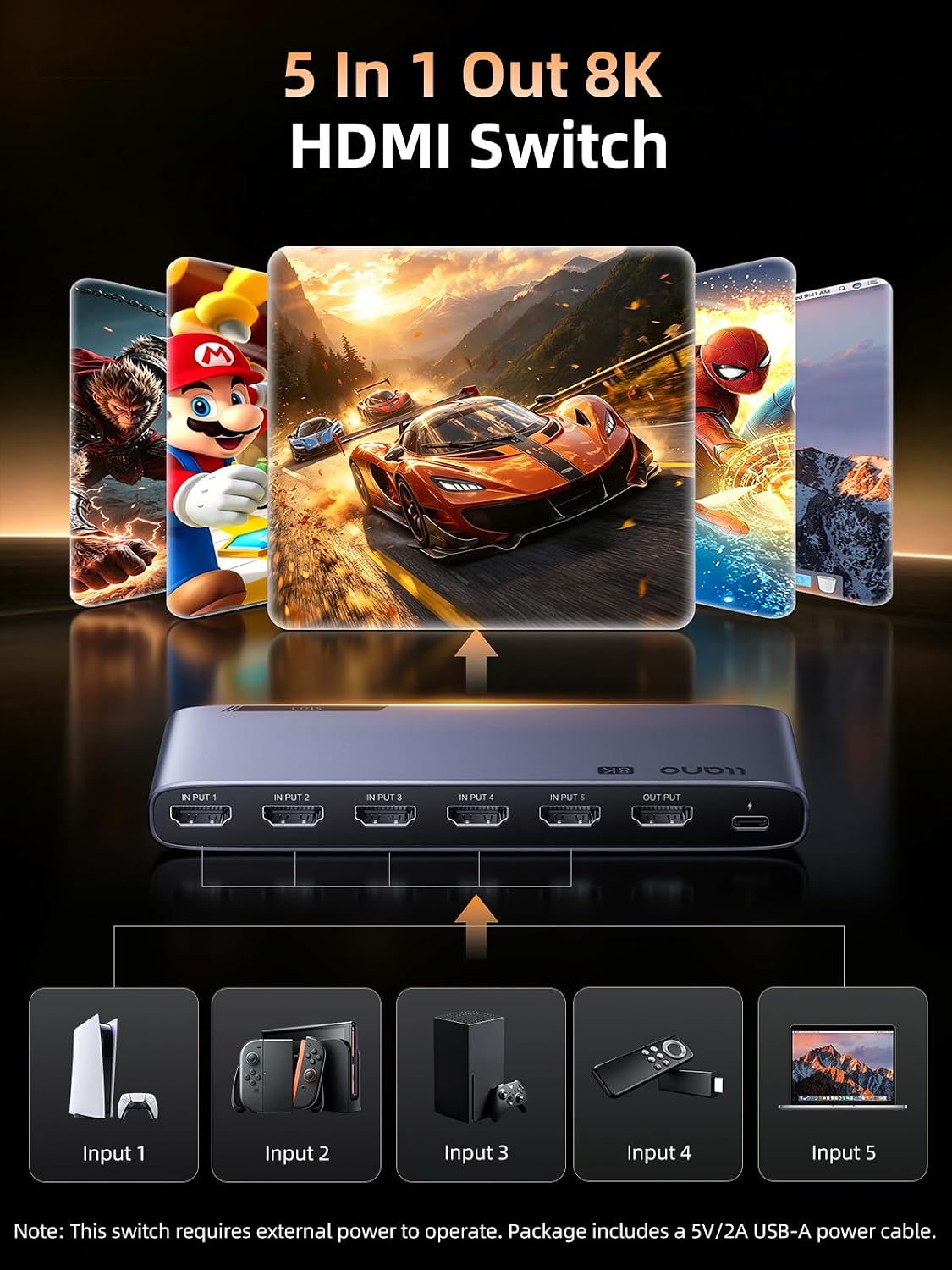 llano HDMI 2.1 Switch 5 in 1 Out, 8K@60Hz with Remote, 4K@120Hz/240Hz