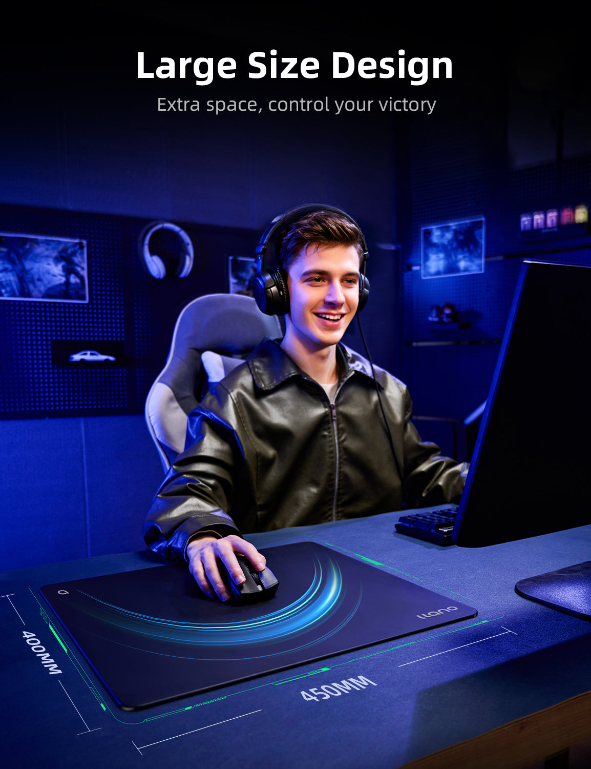 llano Professional Glass Gaming Mousepad, Smooth Mouse Pad with AG Micro-Etched Surface, Hard Mouse Mat, Anti-Slip Rubber Base, Scratch-Resistant, Waterproof & Durable, Black Large Size 17.7"x15.8"