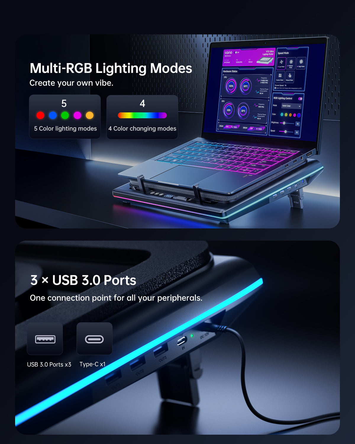 llano V12 Ultra RGB Laptop Cooling Pad