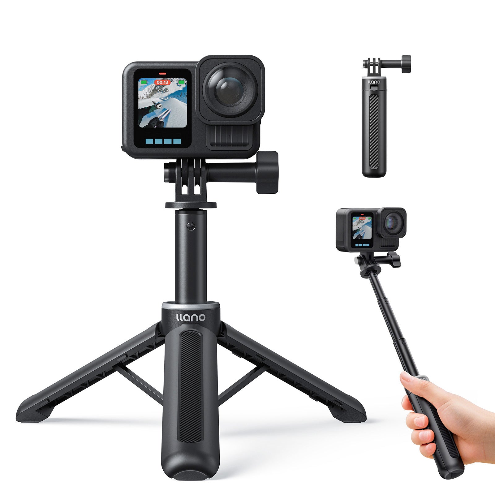llano 16" Action Camera Tripod for Gopro Hero 13/12/11/10/9/8, Max 2/1, Extendable Mini Tripod, Standard Mount for Gopro, Portable Handle Grip, Small Selfie Stick, Lightweight, Black