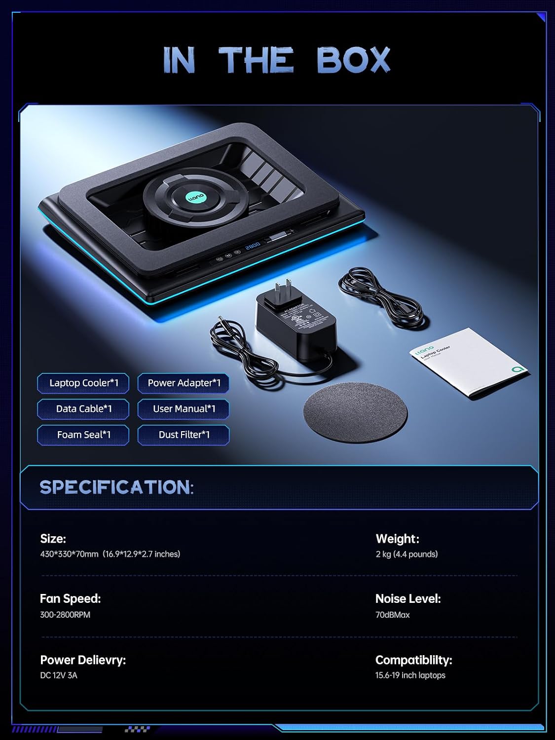 llano V12 Laptop Cooling Pad(No RGB,Black)
