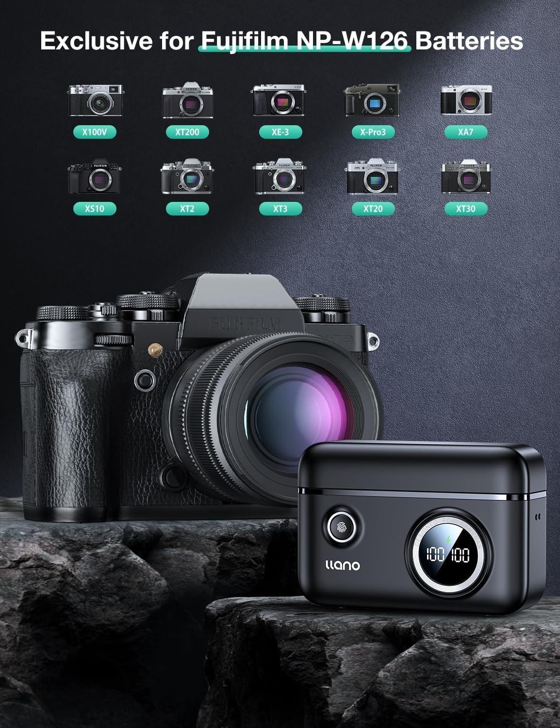 llano 2-Pack NP-W126S Batteries and Fast Charger for Fujifilm XT30II X100VI X-M5 XS10 XT3 XT2 XT1 XT30 XT20 XT10 X100V XT200 XT100 X100F XA7 XE3 Xpro3 Xpro2 Xpro1 XE1 XE2 XE2S XM1 XA1 XA2 XA3 XA5