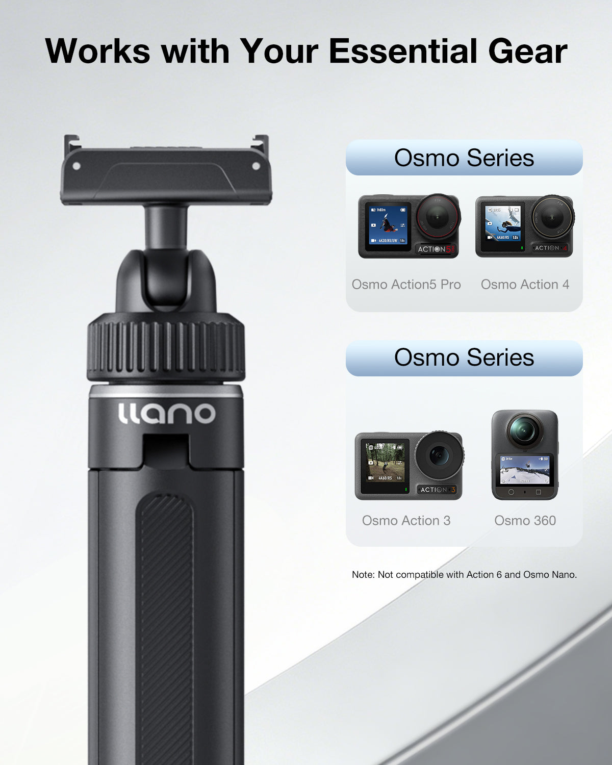 llano 16" Magnetic Action Camera Tripod for DJI Osmo Action 5 pro/4/3, Osmo 360, Extendable Mini Tripod with Magsafe Quick Release Adapter, 360° Ball Head, Small Selfie Stick, Lightweight, Black