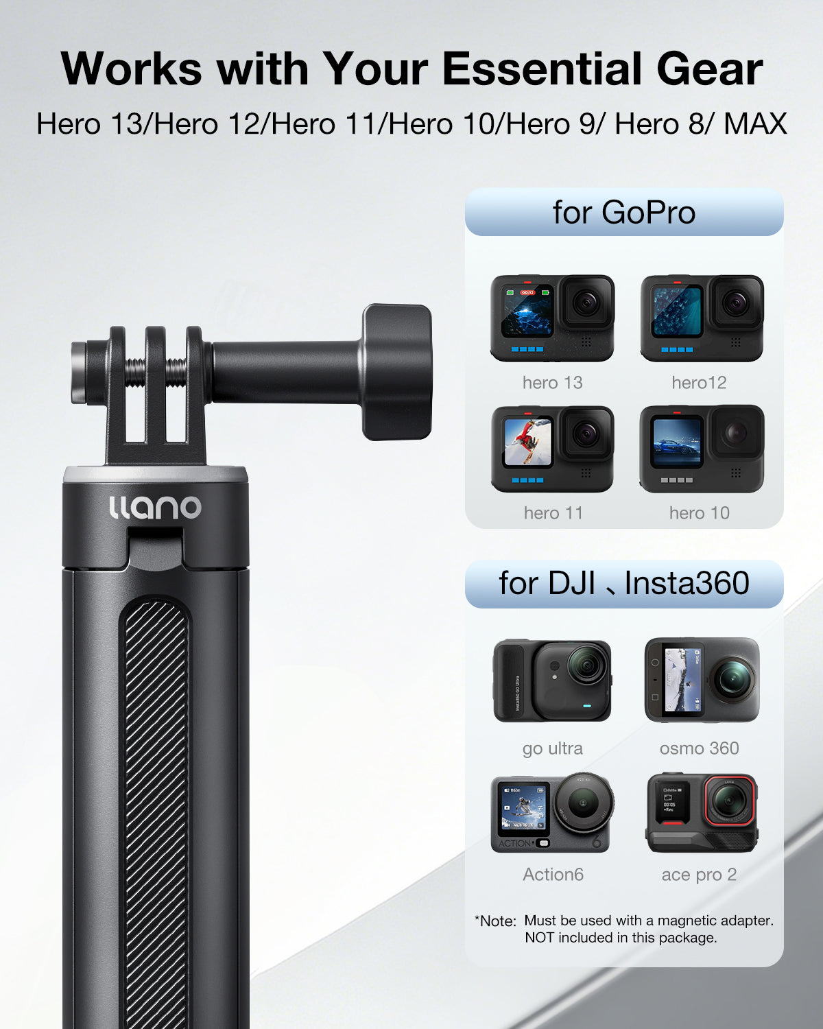 llano 16" Action Camera Tripod for Gopro Hero 13/12/11/10/9/8, Max 2/1, Extendable Mini Tripod, Standard Mount for Gopro, Portable Handle Grip, Small Selfie Stick, Lightweight, Black