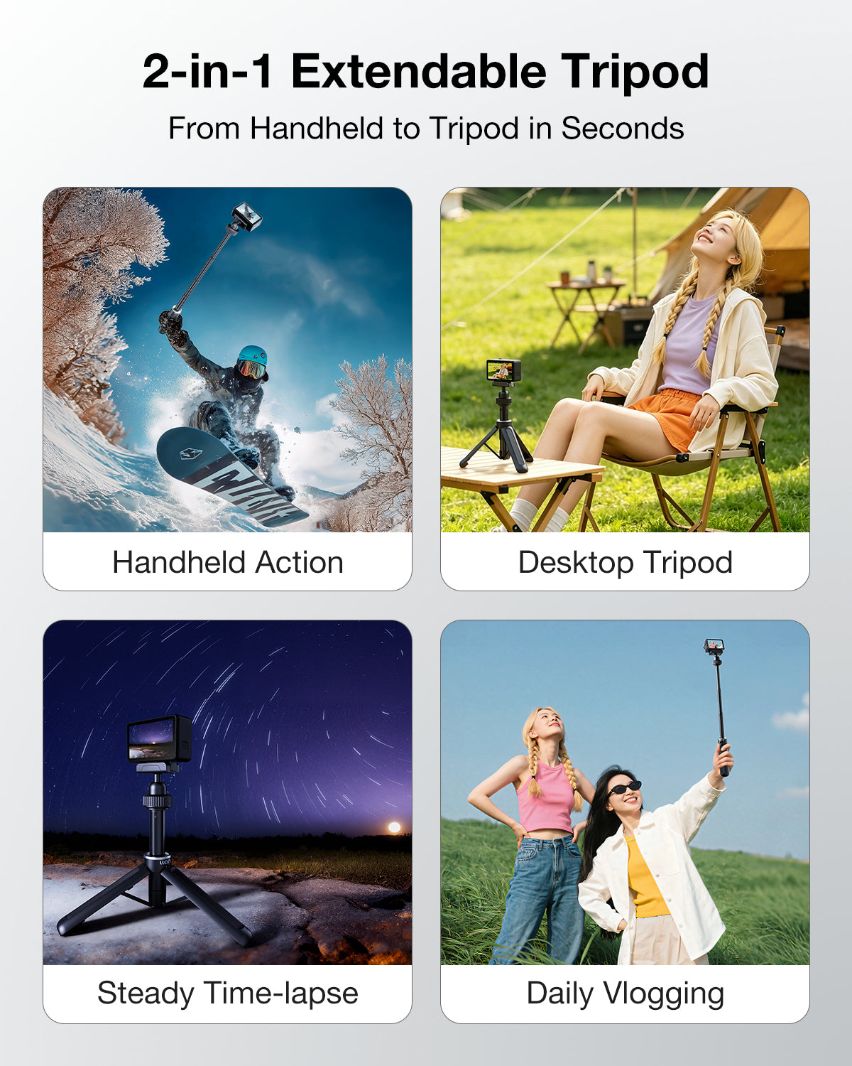 llano 16" Magnetic Action Camera Tripod for DJI Osmo Action 5 pro/4/3, Osmo 360, Extendable Mini Tripod with Magsafe Quick Release Adapter, 360° Ball Head, Small Selfie Stick, Lightweight, Black