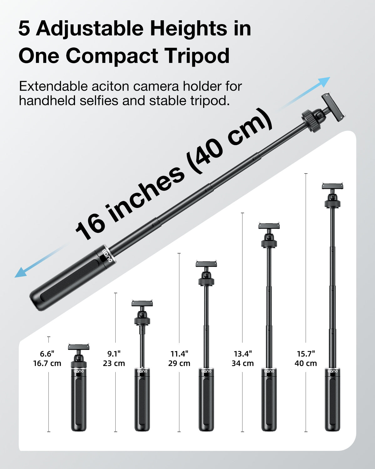 llano 16" Magnetic Action Camera Tripod for DJI Osmo Action 5 pro/4/3, Osmo 360, Extendable Mini Tripod with Magsafe Quick Release Adapter, 360° Ball Head, Small Selfie Stick, Lightweight, Black