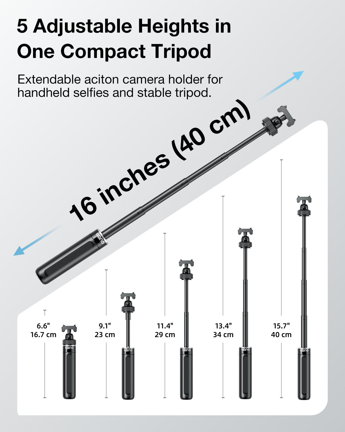 llano 16" Magnetic Action Camera Tripod for DJI Osmo Action 6, Osmo Nano, Mini Tripod with Magsafe Quick Release Adapter, Small Selfie Stick, 360° Ball Head, Portable, Lightweight, Black