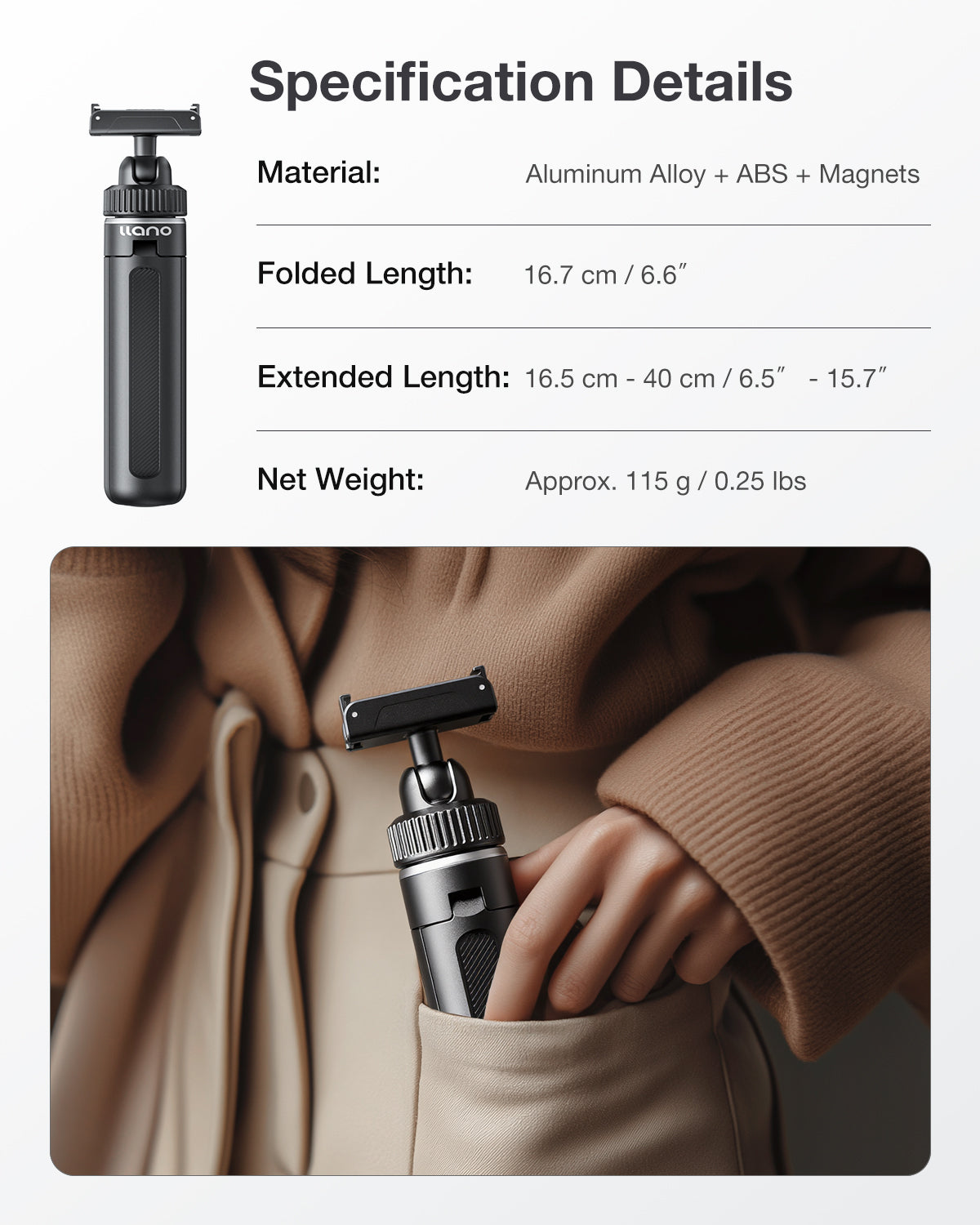 llano 16" Magnetic Action Camera Tripod for DJI Osmo Action 5 pro/4/3, Osmo 360, Extendable Mini Tripod with Magsafe Quick Release Adapter, 360° Ball Head, Small Selfie Stick, Lightweight, Black