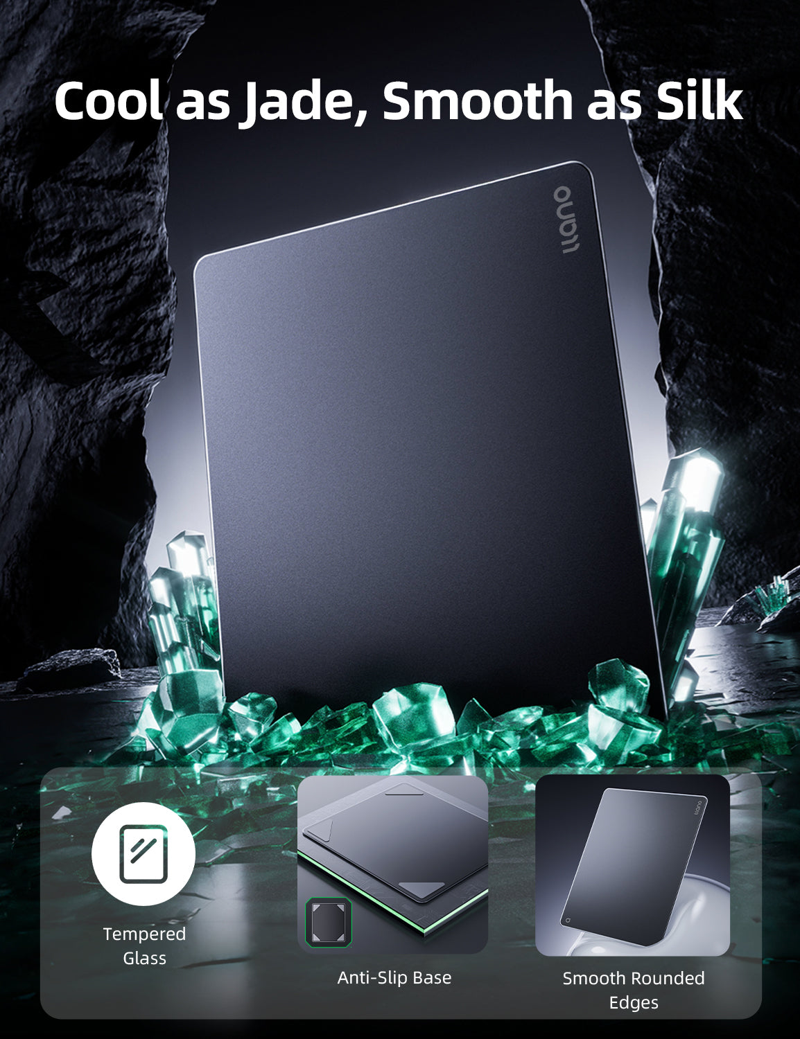 llano Professional Glass Gaming Mousepad, Smooth Mouse Pad with AG Micro-Etched Surface, Hard Mouse Mat, Anti-Slip Rubber Base, Scratch-Resistant, Waterproof & Durable, Black Large Size 17.7"x15.8"