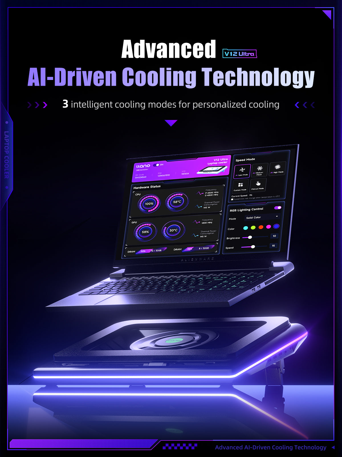 llano V12 Ultra Laptop Cooling Pad with Intelligent Software Control, RGB Gaming Laptop Fan Cooler Stand, 5.5" Turbo Fan, Adjustable Speed, 3*USB 3.0 Ports, Ergonomic Design, for 15.6"-21" Laptops