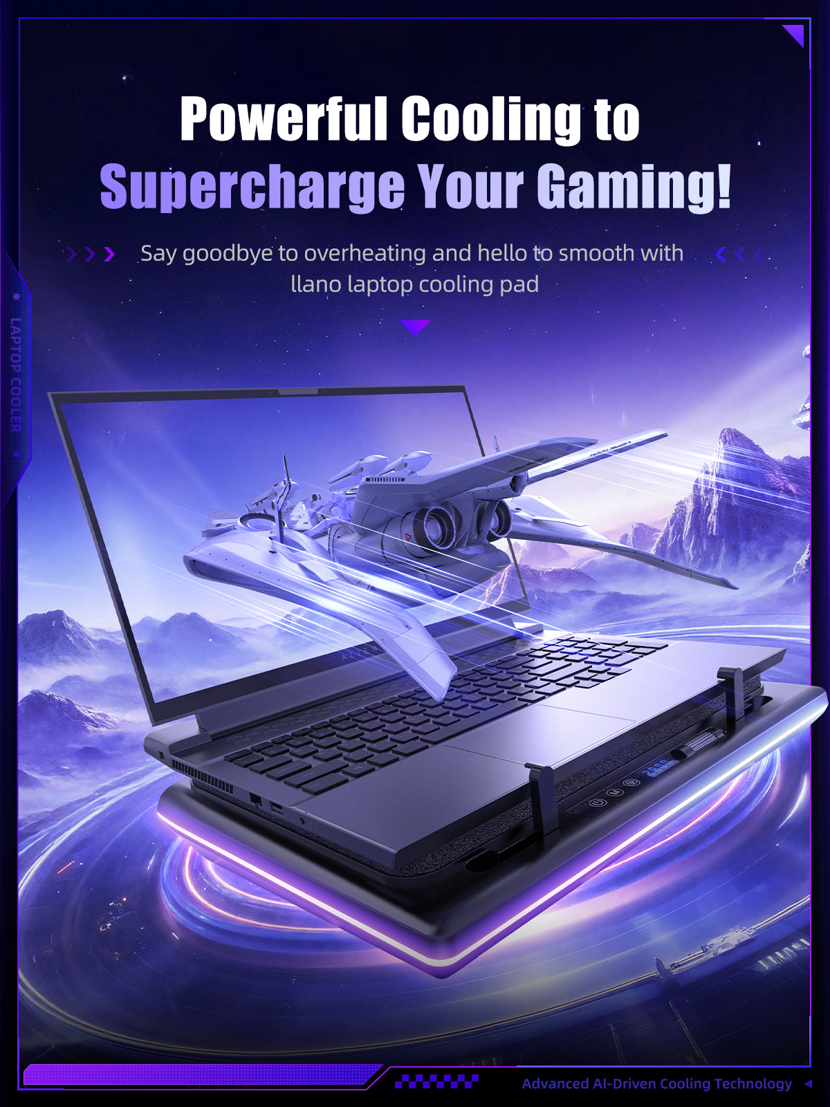 llano V12 Ultra Laptop Cooling Pad with Intelligent Software Control, RGB Gaming Laptop Fan Cooler Stand, 5.5" Turbo Fan, Adjustable Speed, 3*USB 3.0 Ports, Ergonomic Design, for 15.6"-21" Laptops