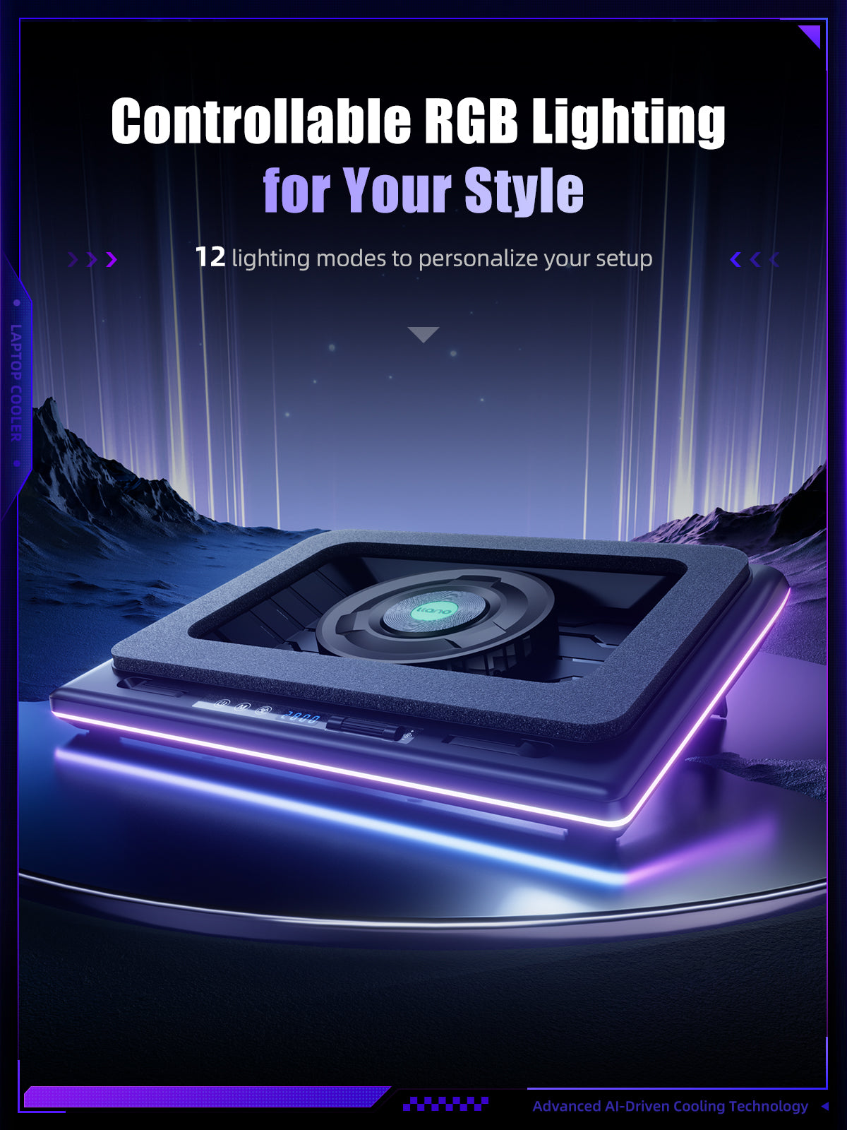 llano V12 Ultra Laptop Cooling Pad with Intelligent Software Control, RGB Gaming Laptop Fan Cooler Stand, 5.5" Turbo Fan, Adjustable Speed, 3*USB 3.0 Ports, Ergonomic Design, for 15.6"-21" Laptops