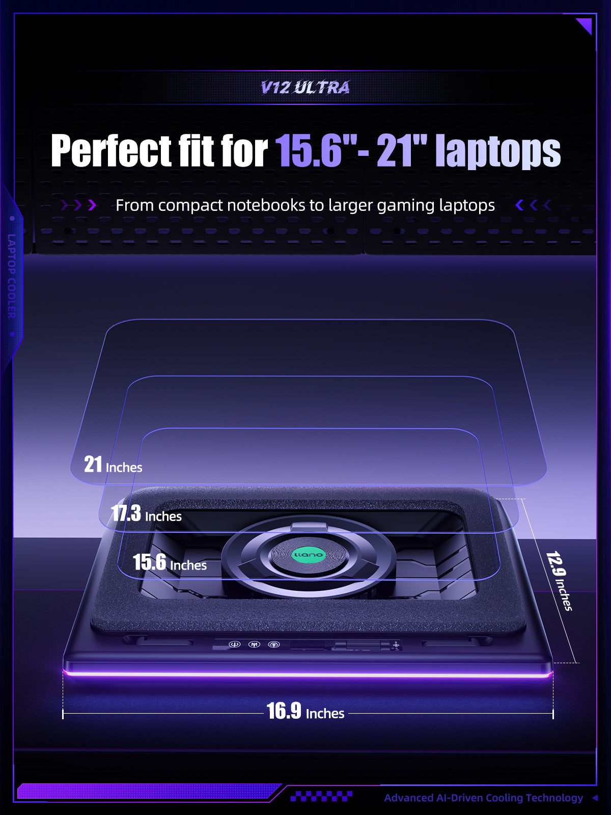 llano V12 Ultra Laptop Cooling Pad with Intelligent Software Control, RGB Gaming Laptop Fan Cooler Stand, 5.5" Turbo Fan, Adjustable Speed, 3*USB 3.0 Ports, Ergonomic Design, for 15.6"-21" Laptops