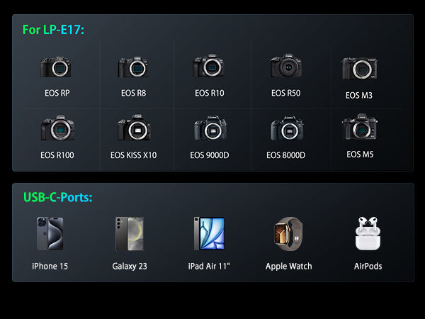 llano 2-in-1 LP-E17 Dual Fast Battery Charger with 12400mAh Built-in PD 20W USB C Power Bank, Compatible with Canon EOS R100 R50 RP R10 R8, Rebel T8i, T7i, T6i, T6s, SL2, SL3, EOS M3, M5, M6, 250D