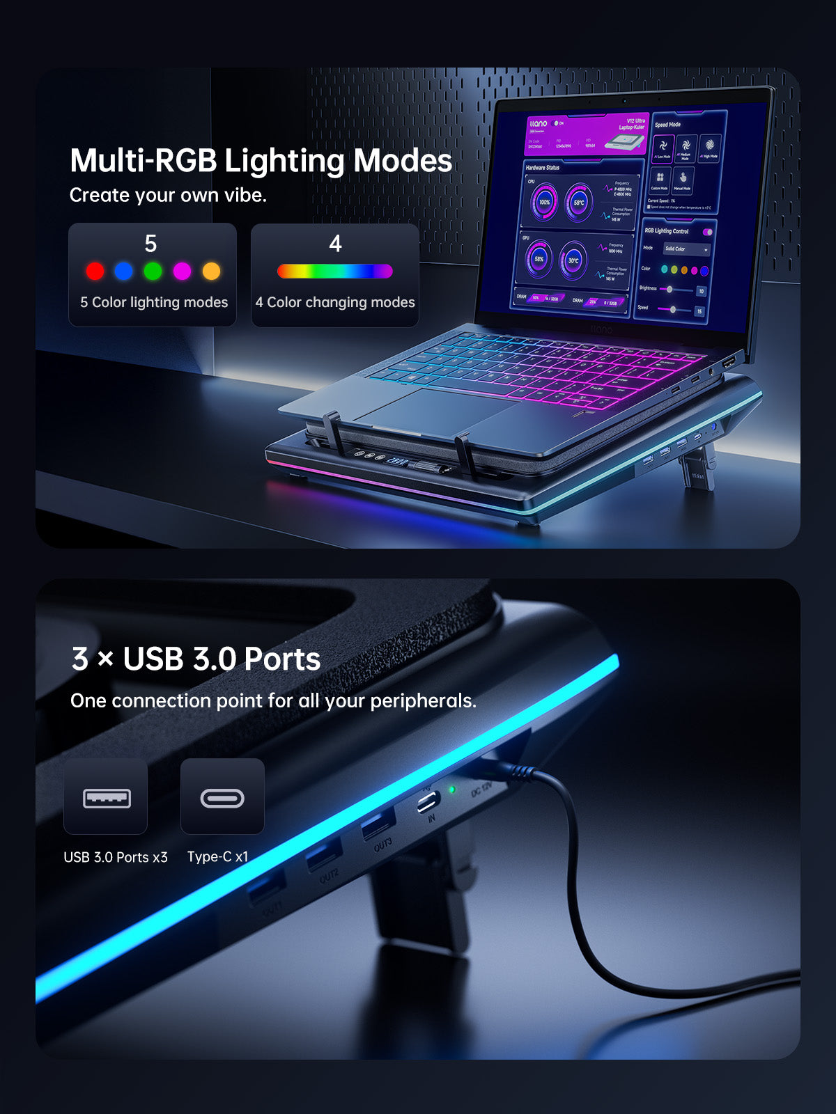 llano V12 Ultra RGB Laptop Cooling Pad