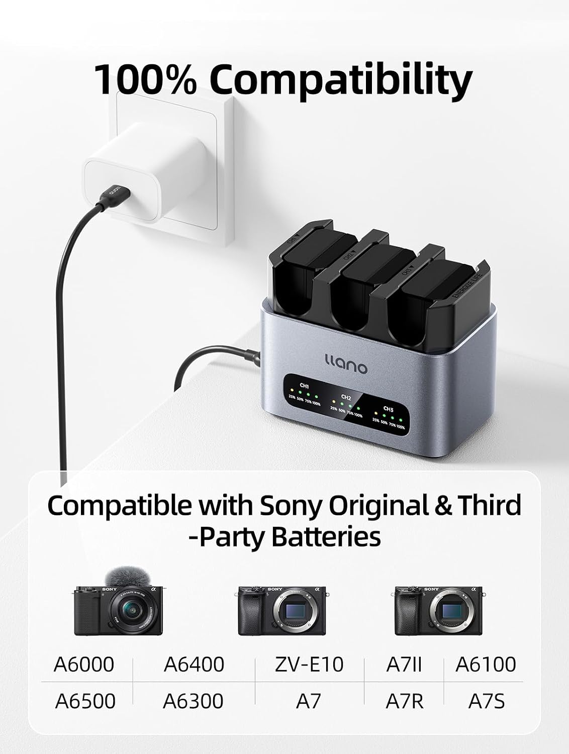 llano NP-FW50 Battery 3 Pack 30W Fast Charger Set for Sony A6000 Battery