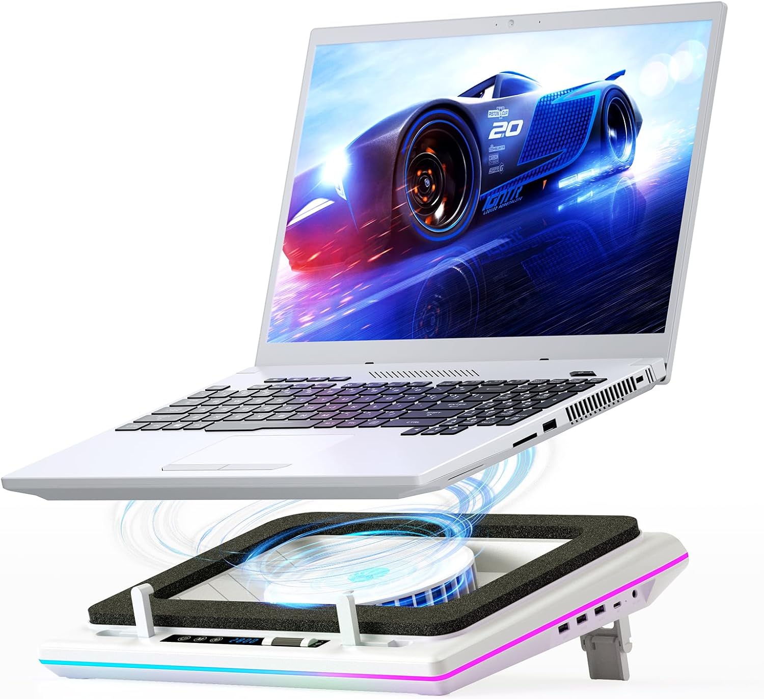 llano RGB Laptop Cooling Pad, White, Powerful Turbofan, Quiet Cooling, Touch Control, LCD Screen, Seal Foam, 15-19in Laptops