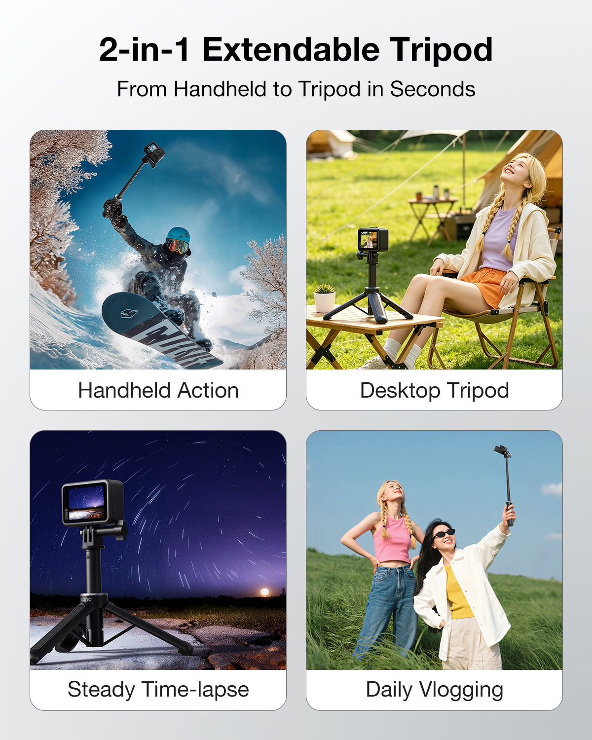 llano 16" Action Camera Tripod for Gopro Hero 13/12/11/10/9/8, Max 2/1, Extendable Mini Tripod, Standard Mount for Gopro, Portable Handle Grip, Small Selfie Stick, Lightweight, Black