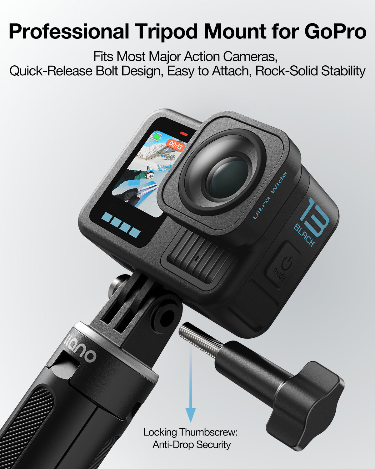 llano 16" Action Camera Tripod for Gopro Hero 13/12/11/10/9/8, Max 2/1, Extendable Mini Tripod, Standard Mount for Gopro, Portable Handle Grip, Small Selfie Stick, Lightweight, Black