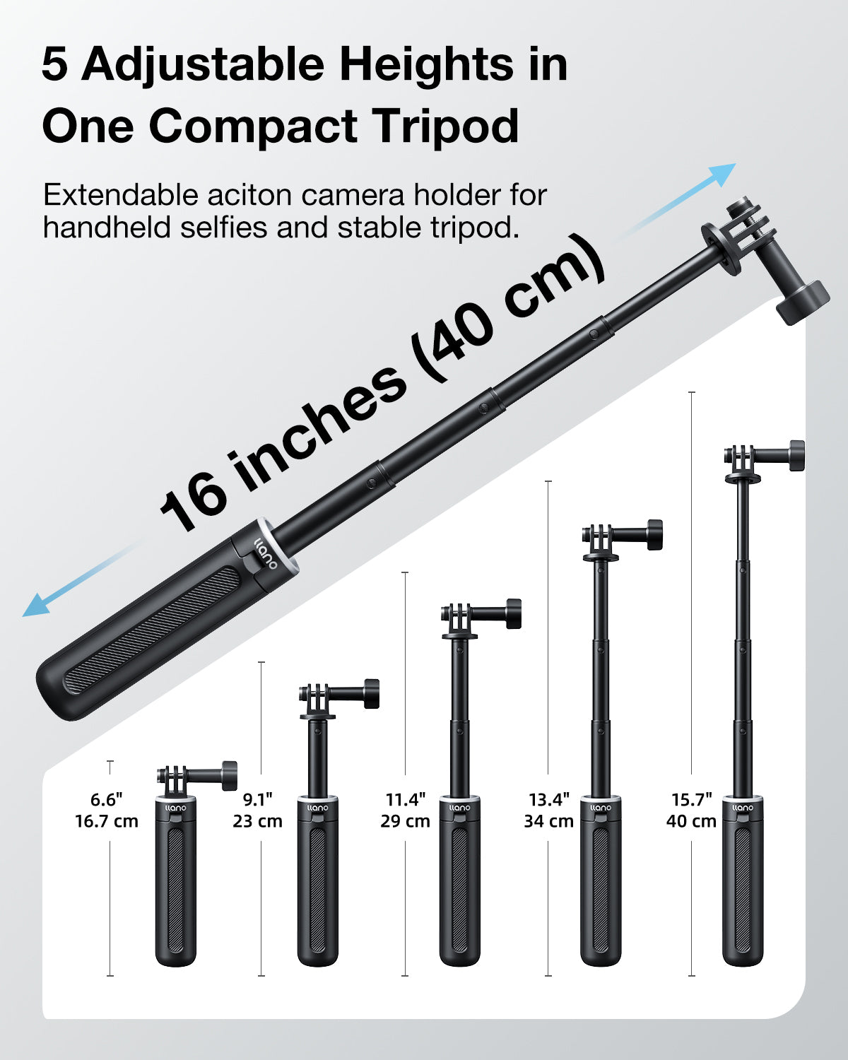 llano 16" Action Camera Tripod for Gopro Hero 13/12/11/10/9/8, Max 2/1, Extendable Mini Tripod, Standard Mount for Gopro, Portable Handle Grip, Small Selfie Stick, Lightweight, Black