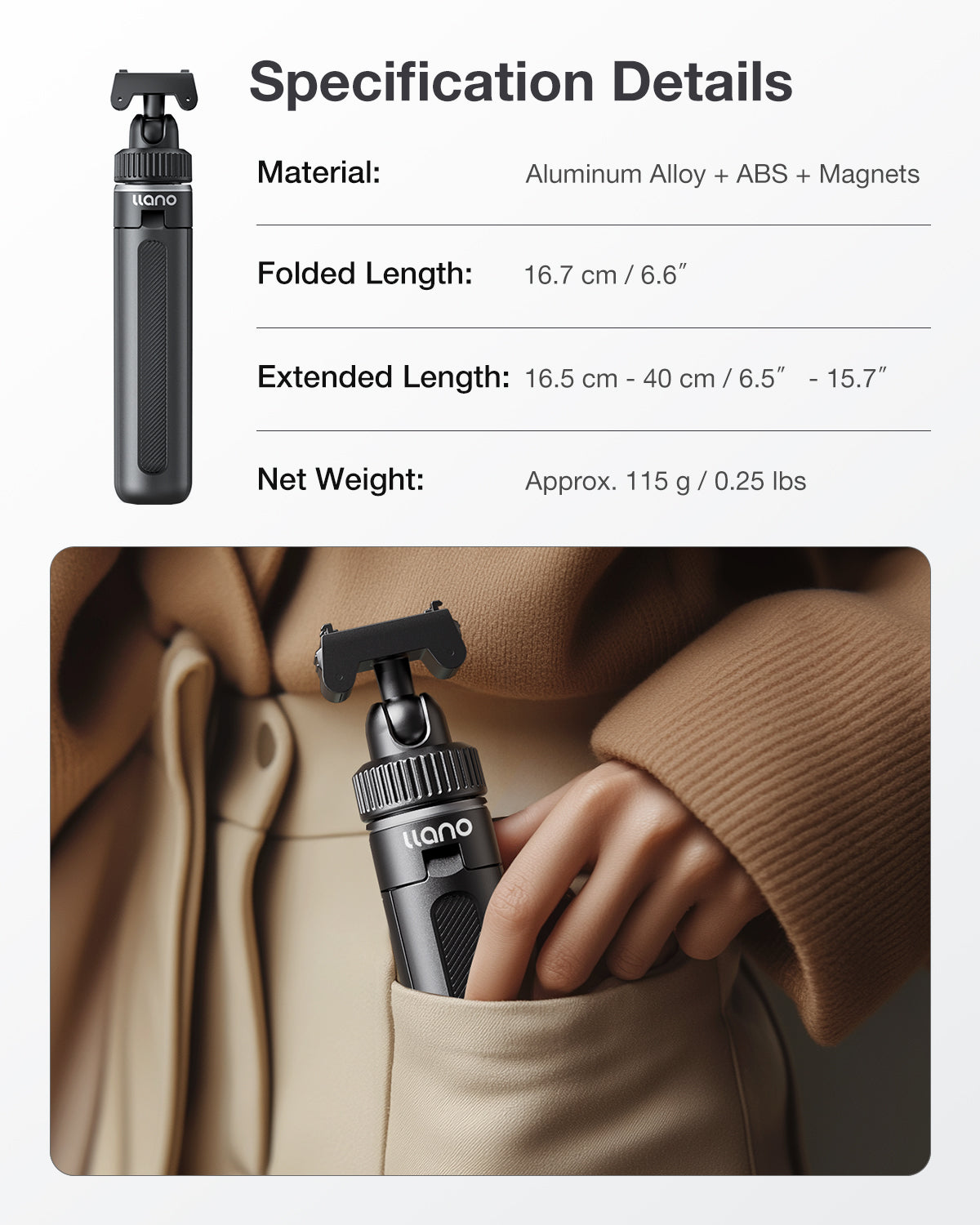 llano 16" Magnetic Action Camera Tripod for DJI Osmo Action 6, Osmo Nano, Mini Tripod with Magsafe Quick Release Adapter, Small Selfie Stick, 360° Ball Head, Portable, Lightweight, Black