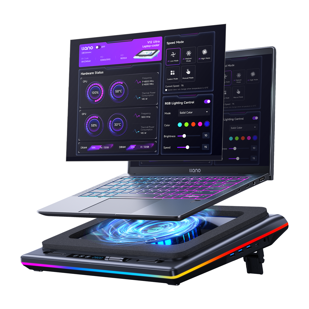 llano V12 Ultra Laptop Cooling Pad with Intelligent Software Control, RGB Gaming Laptop Fan Cooler Stand, 5.5" Turbo Fan, Adjustable Speed, 3*USB 3.0 Ports, Ergonomic Design, for 15.6"-21" Laptops